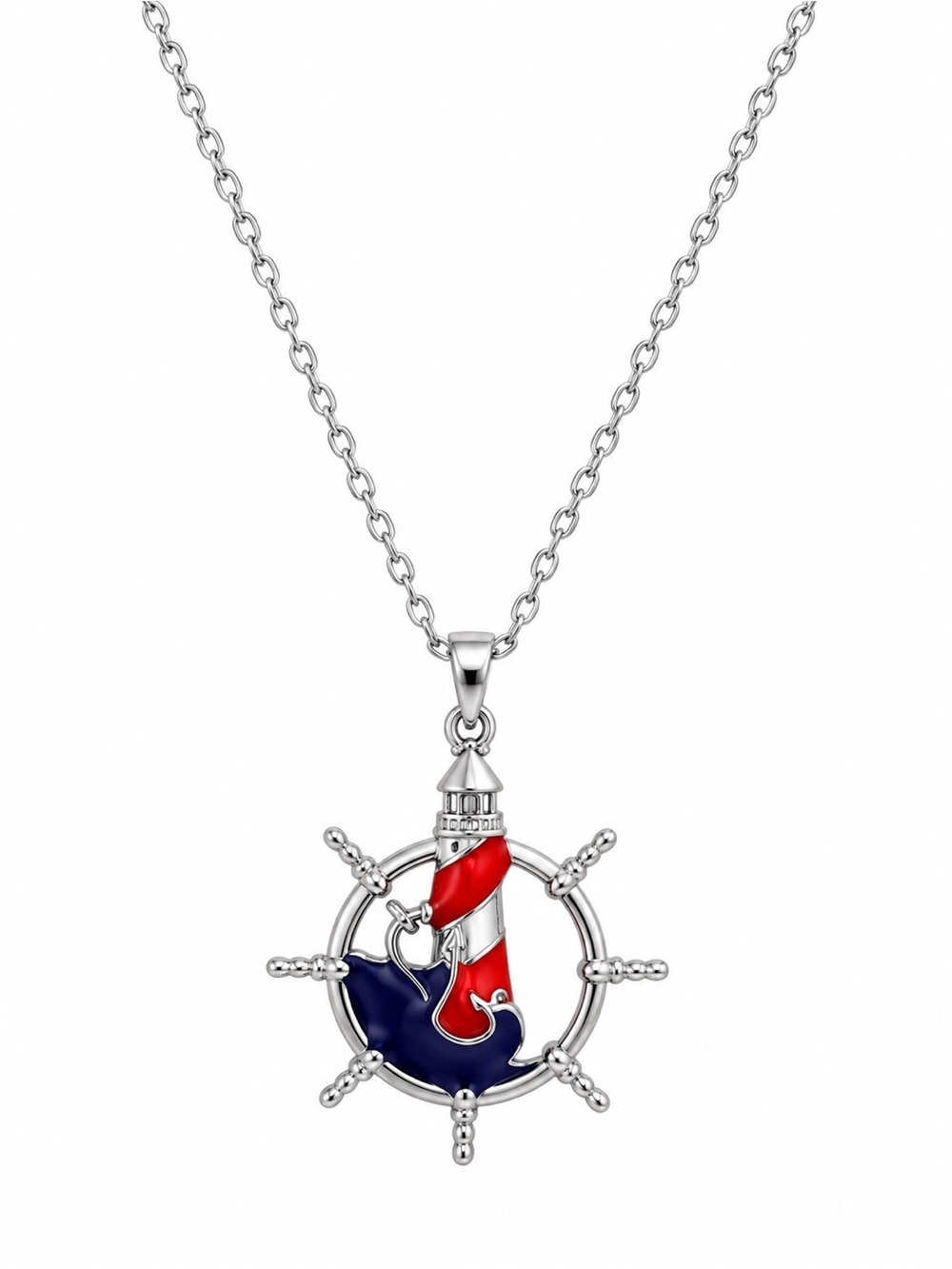 ⚓️ Nautical Lighthouse Ship Wheel Pendant Necklace Red Blue Silver